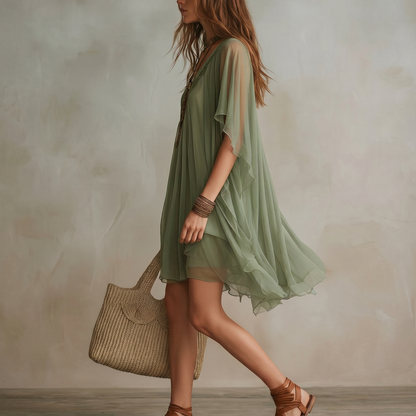 Mini-robe fluide verte avec décolleté en V