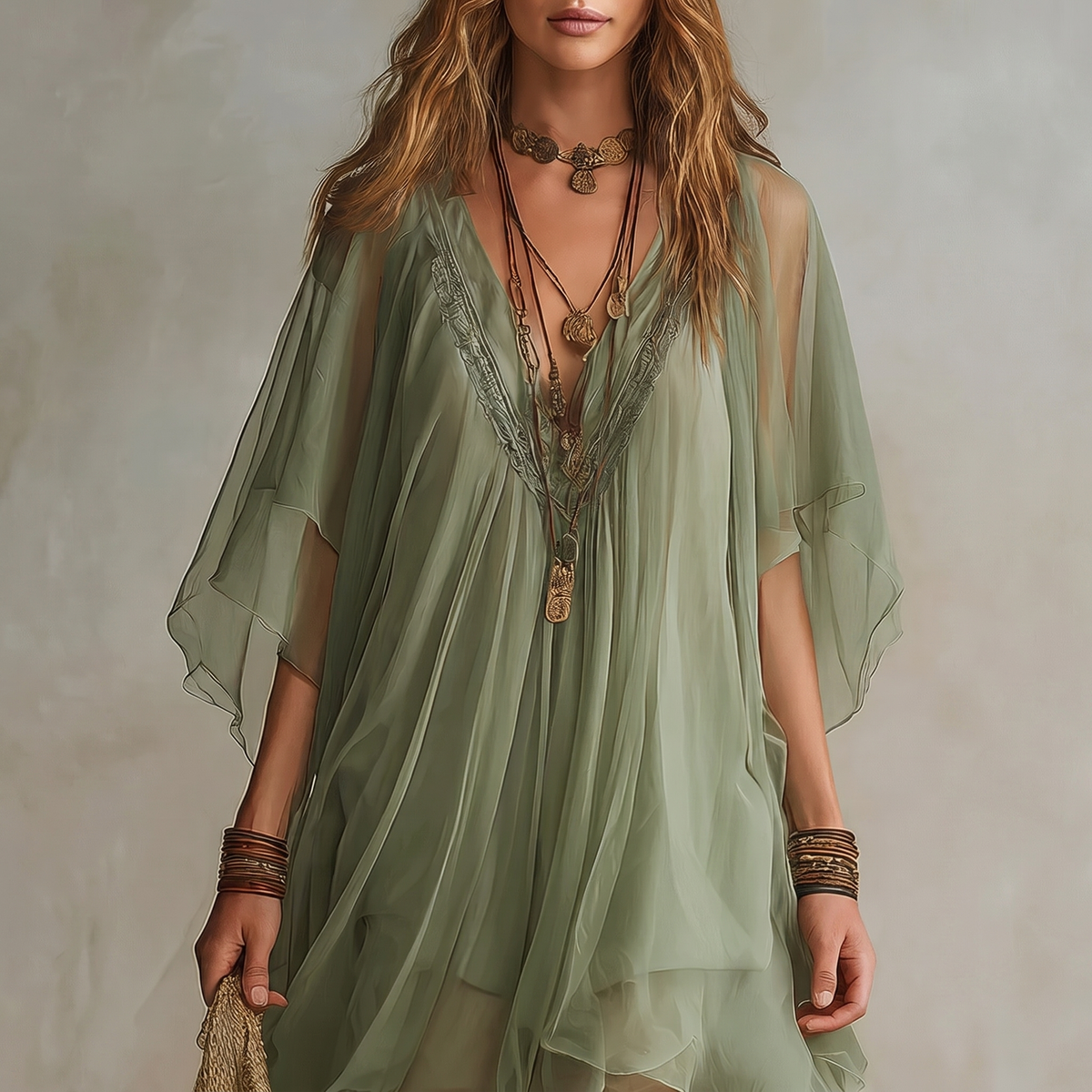 Mini-robe fluide verte avec décolleté en V