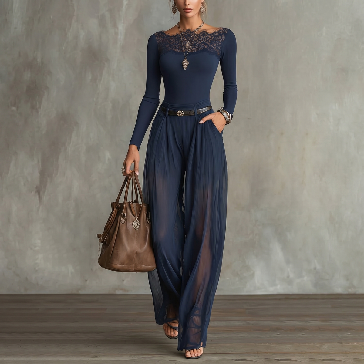 Conjunto Top Encaje Azul y Pantalón