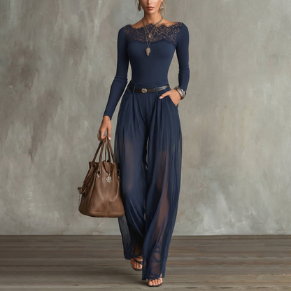 Conjunto Top Encaje Azul y Pantalón