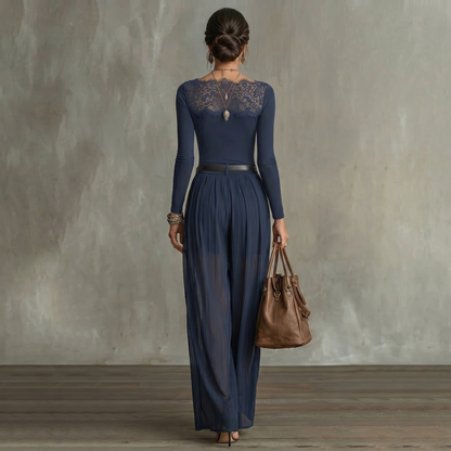 Conjunto Top Encaje Azul y Pantalón