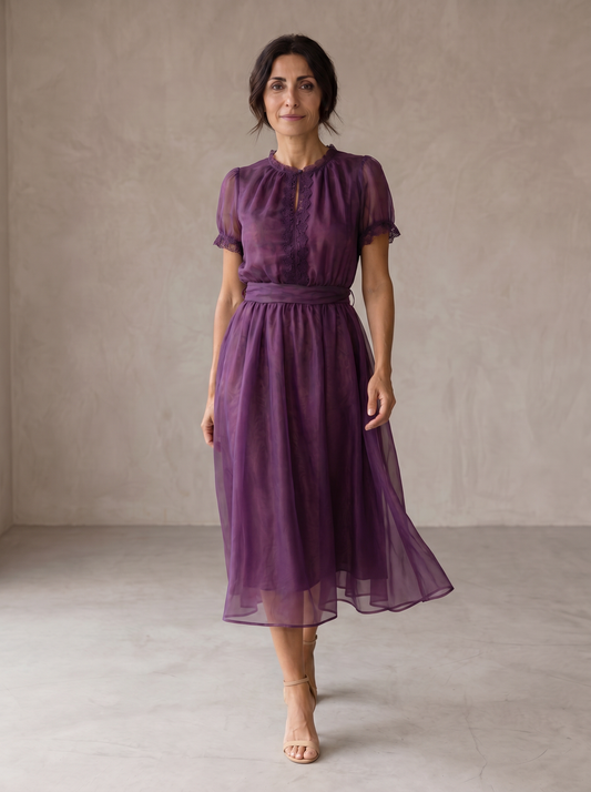 Flavia | Robe Maxi Décolleté Goutte et Bordure en Dentelle Chiffon