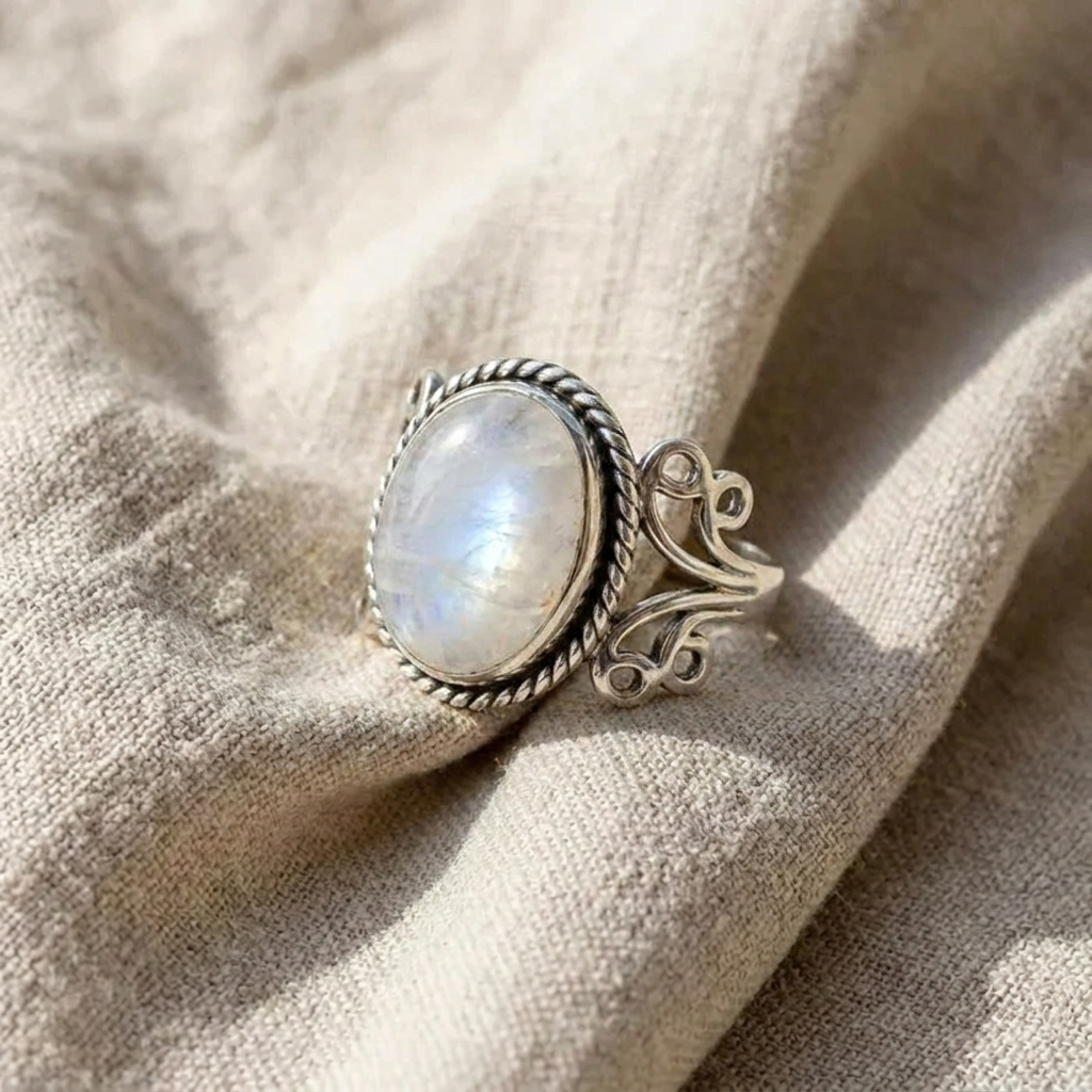 Bague en Pierre de Lune Ovale avec Détails en Volute