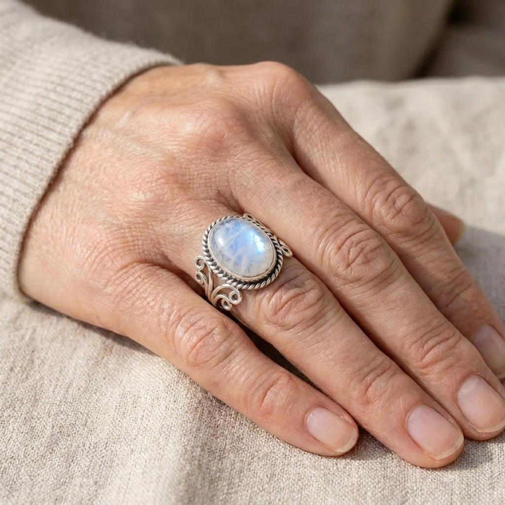 Bague en Pierre de Lune Ovale avec Détails en Volute