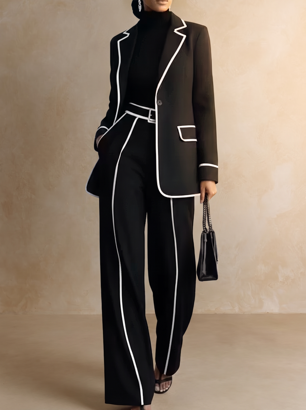 Claudia | Ensemble Deux Pièces Blazer Noir à Passepoil Contrasté et Pantalon Large