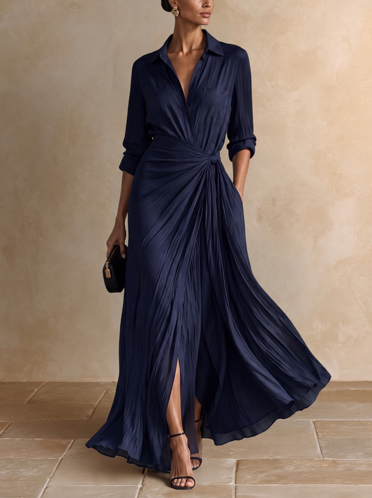 Gabriella | Élégante Robe Chemise Longue Bleu Marine Nouée