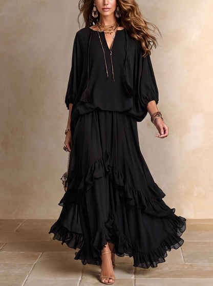 Elvira | Ensemble Top en Mousseline Noir Col en V à Franges et Jupe à Volants Superposés