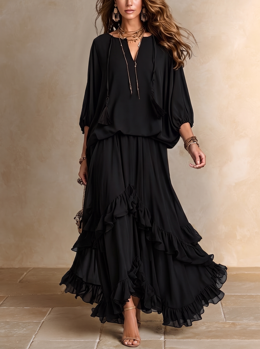 Elvira | Ensemble Top en Mousseline Noir Col en V à Franges et Jupe à Volants Superposés