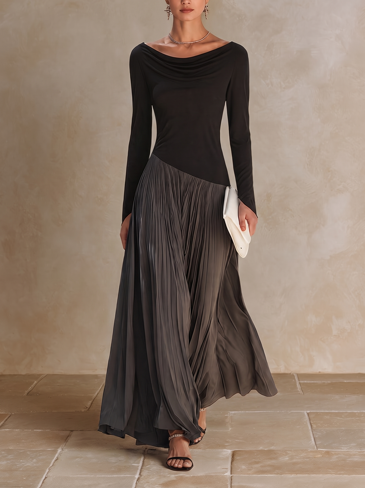 Marina | Robe Longue Plissée à Col Drapé Bicolore Noir et Gris