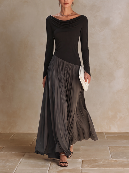 Marina | Robe Longue Plissée à Col Drapé Bicolore Noir et Gris