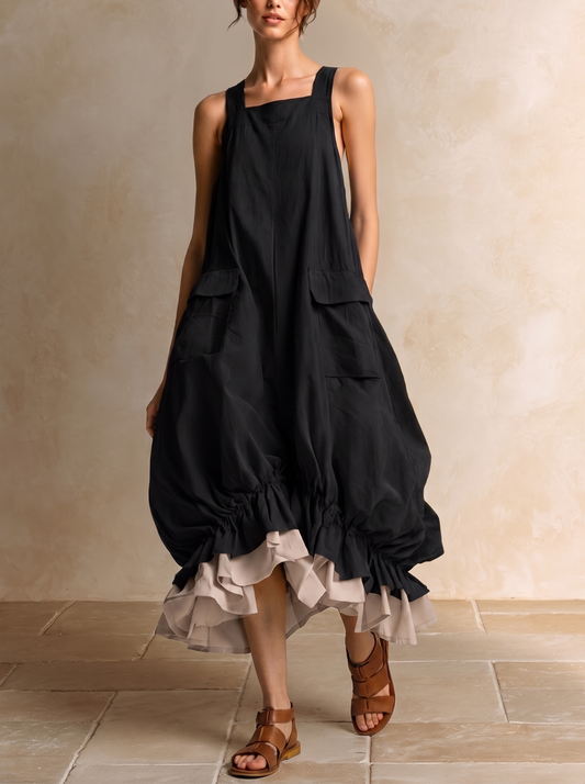 Daniela | Robe Midi Ballon Sans Manches à Grandes Poches, Superposée et Ourlet à Volants
