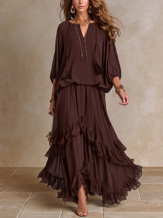 Manuela | Top en Mousseline Marron à Franges et Col en V avec Jupe à Volants Superposés