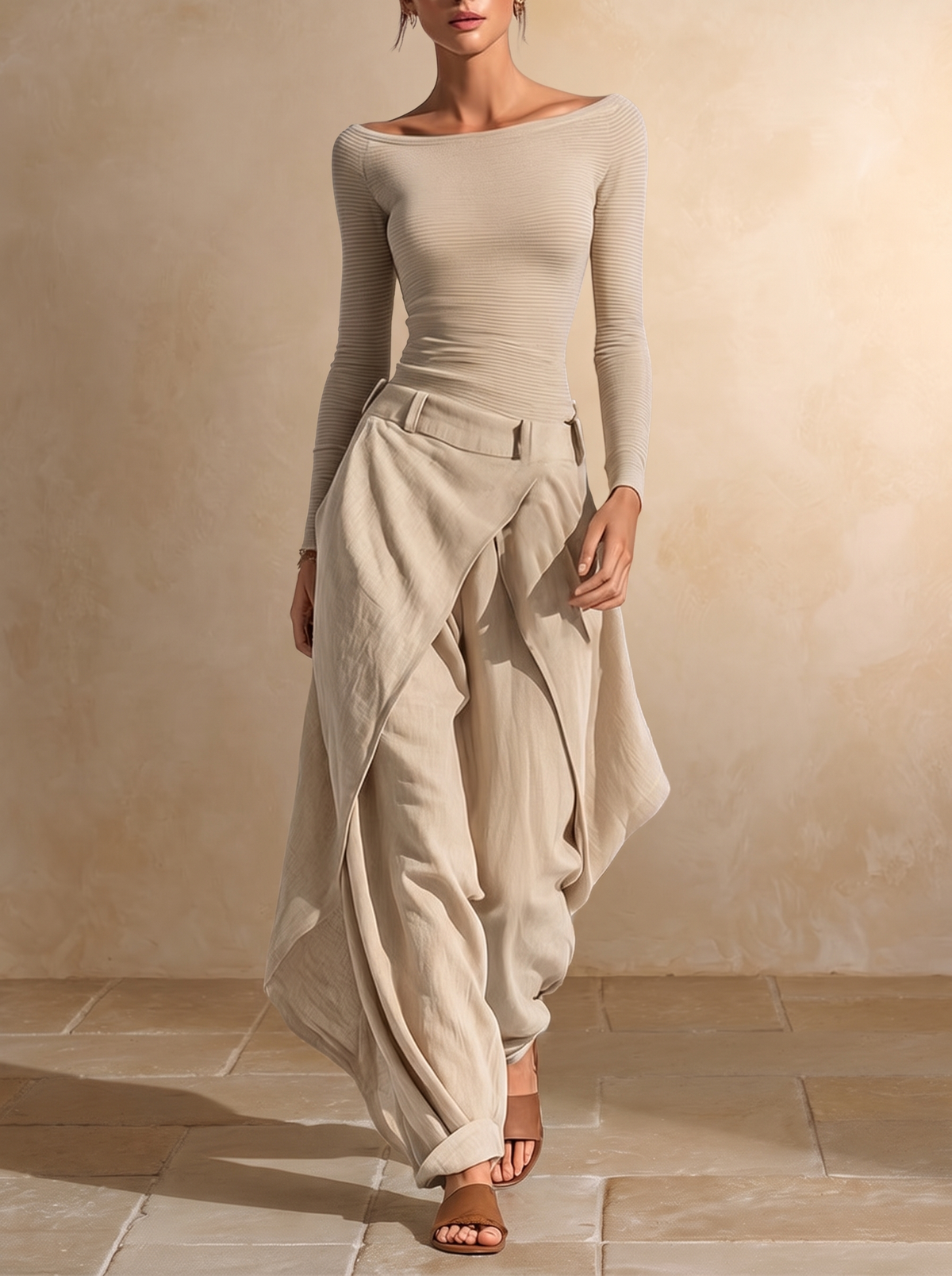 Giuliana | Ensemble Top Beige Col Bateau et Pantalon Large Superposé