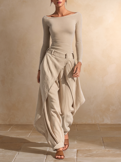 Giuliana | Ensemble Top Beige Col Bateau et Pantalon Large Superposé