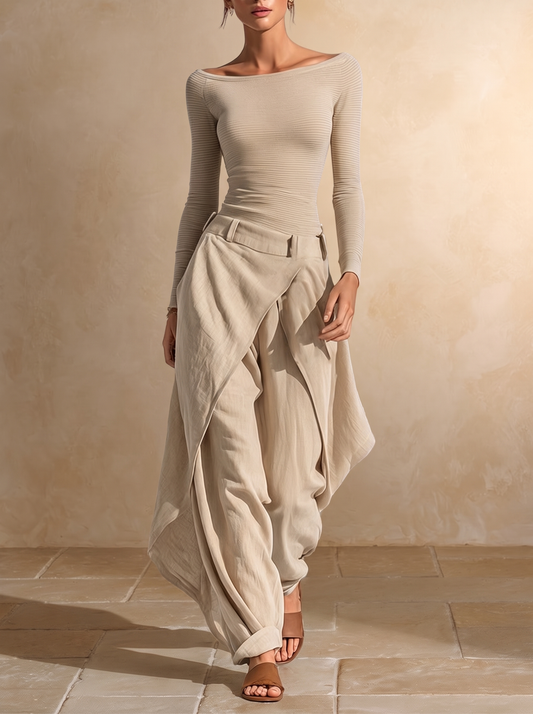 Giuliana | Ensemble Top Beige Col Bateau et Pantalon Large Superposé