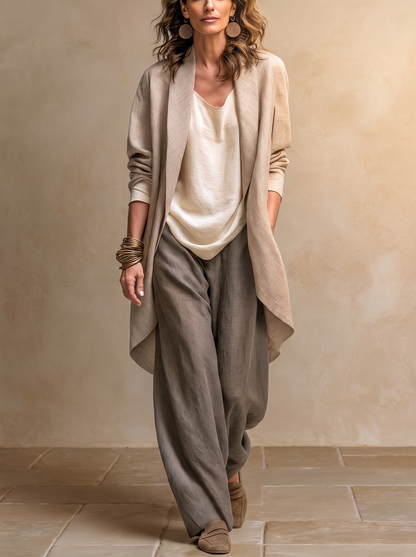 Costanza | Ensemble Trois Pièces Beige et Gris, Casual Superposé avec Pantalon Palazzo, Élégant