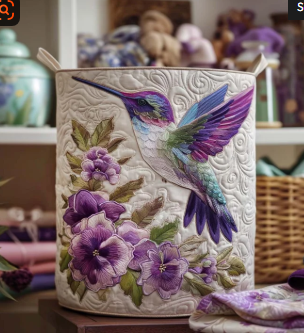 Panier matelassé avec colibri parmi les fleurs