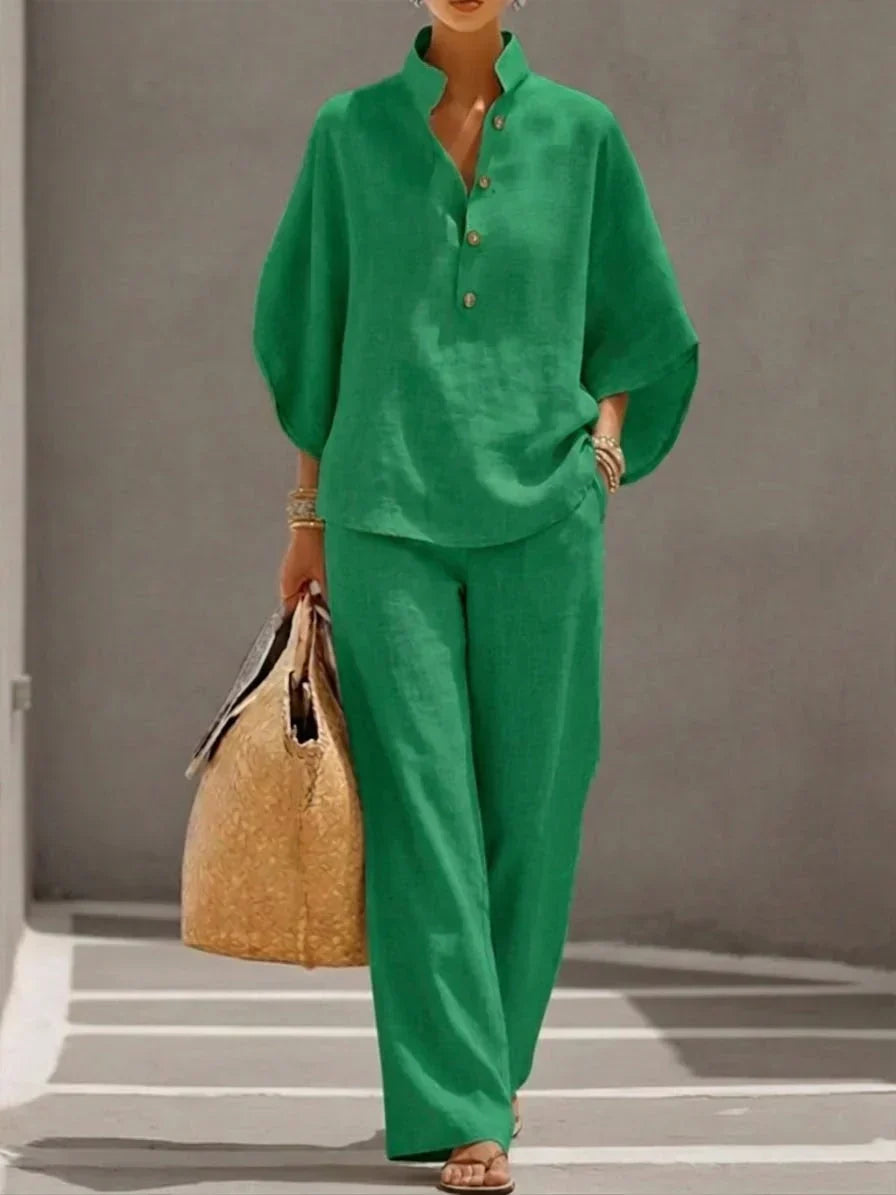 Maribel™ | Ensemble en Lin à Manches Chauve-Souris et Pantalon Large
