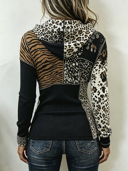 Lucy™ | Haut à capuche côtelé chic à patchwork imprimé animal