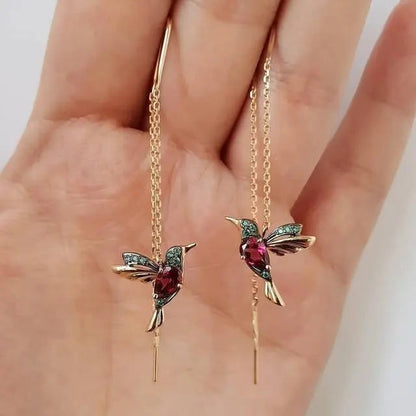 Amalia - Boucles d'Oreilles en Fil de Fer avec Colibri en Or et Cristaux