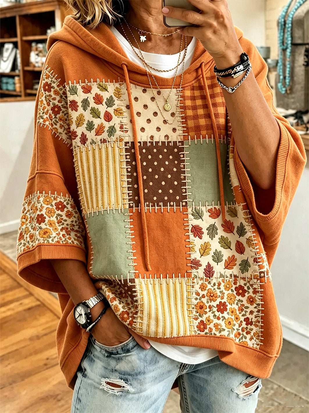 Corina | Sweat à capuche oversize imprimé feuilles d'automne