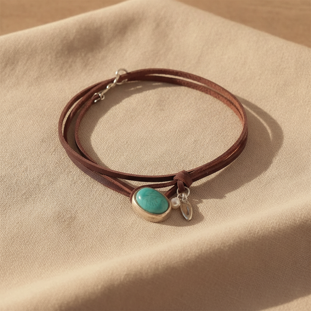Agnese™ - Ras-de-Cou en Cuir avec Turquoise